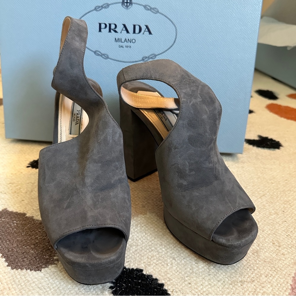 Prada Grey Suede Chunky Heel Platform Sandal